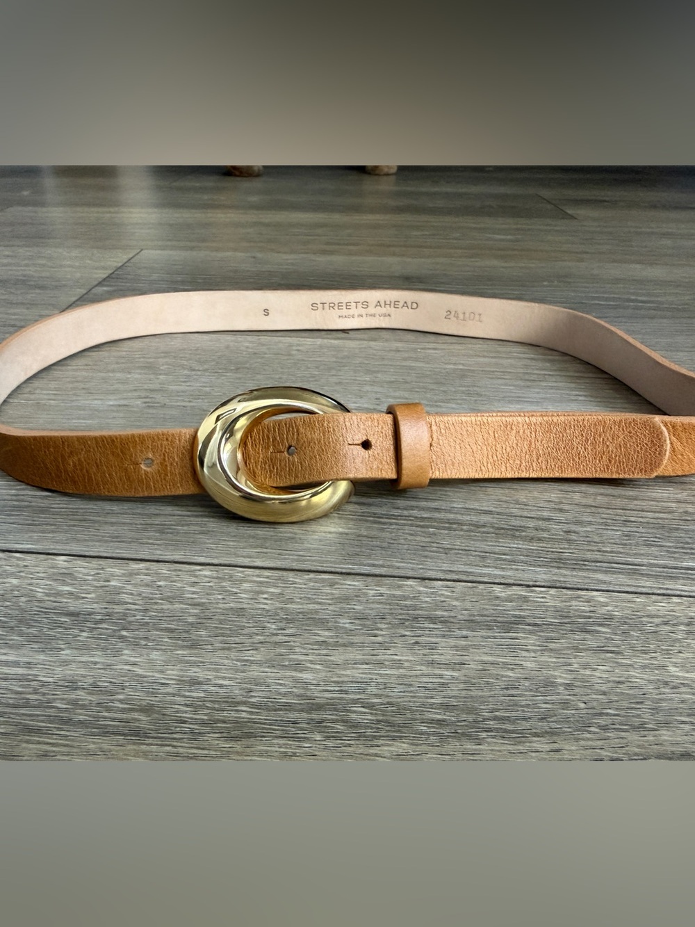 Streets Ahead  Tan Suede Leather Belt Gold Oval Buckle Size S Made in USA